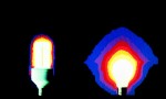 Snímek termokamery srovnává vývin tepla kompaktní zářivky (vlevo) a klasické žárovky (OSRAM).